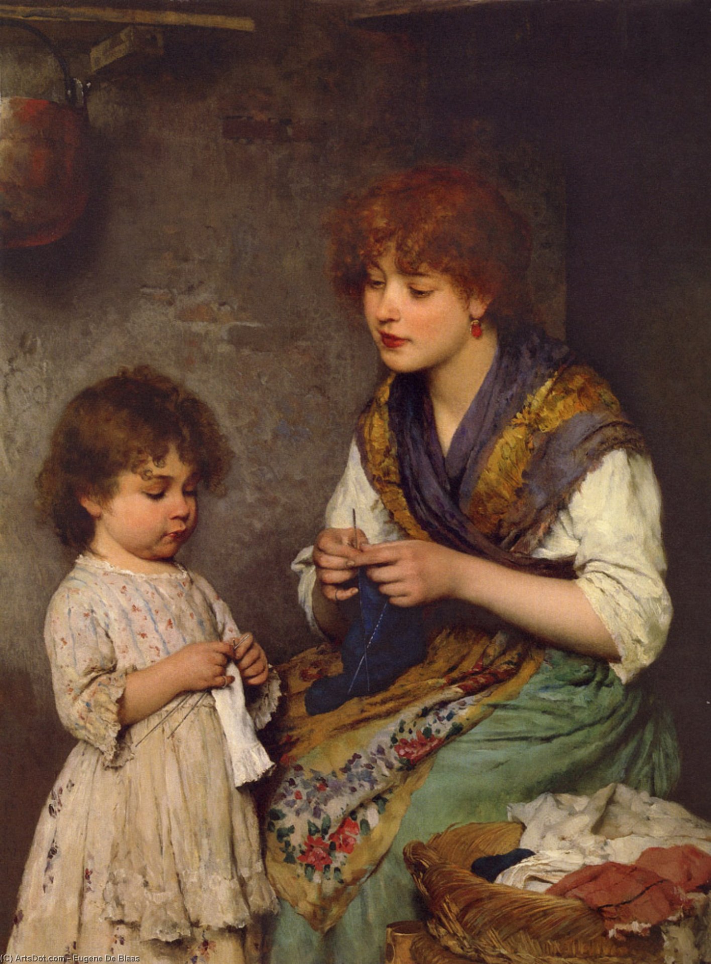 Wikioo.org - The Encyclopedia of Fine Arts - Painting, Artwork by Eugene De Blaas - The Knitting Lesson