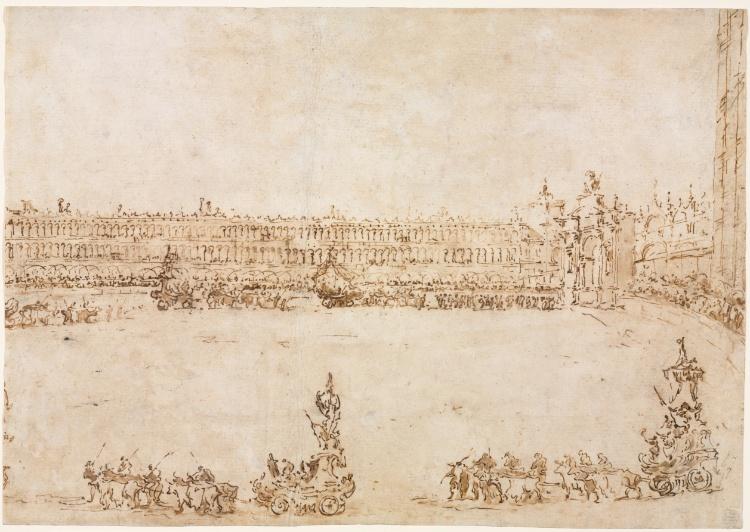 Wikioo.org - The Encyclopedia of Fine Arts - Painting, Artwork by Francesco Lazzaro Guardi - A Procession of Triumphal Cars in the Piazza San Marco, Venice, Celebrating the Visit of the Conti del Nord
