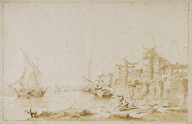 Wikioo.org - The Encyclopedia of Fine Arts - Painting, Artwork by Francesco Lazzaro Guardi - An Imaginary View of a Venetian Lagoon, with a Fortress by the Shore