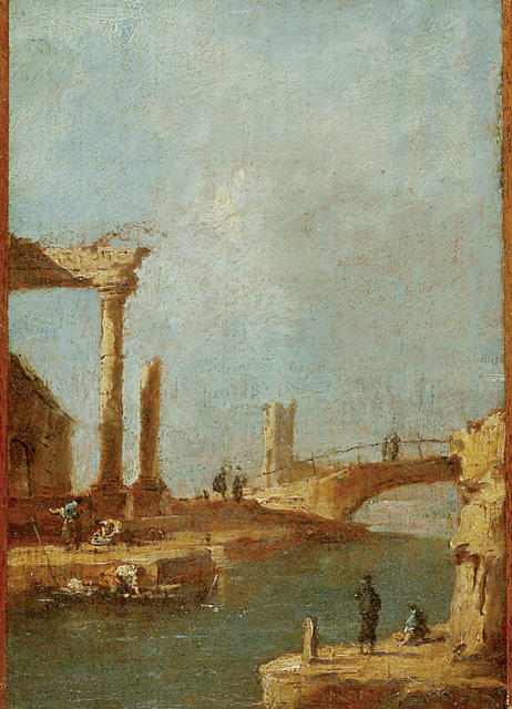 Wikioo.org - The Encyclopedia of Fine Arts - Painting, Artwork by Francesco Lazzaro Guardi - Capriccio. Ruins and a Bridge