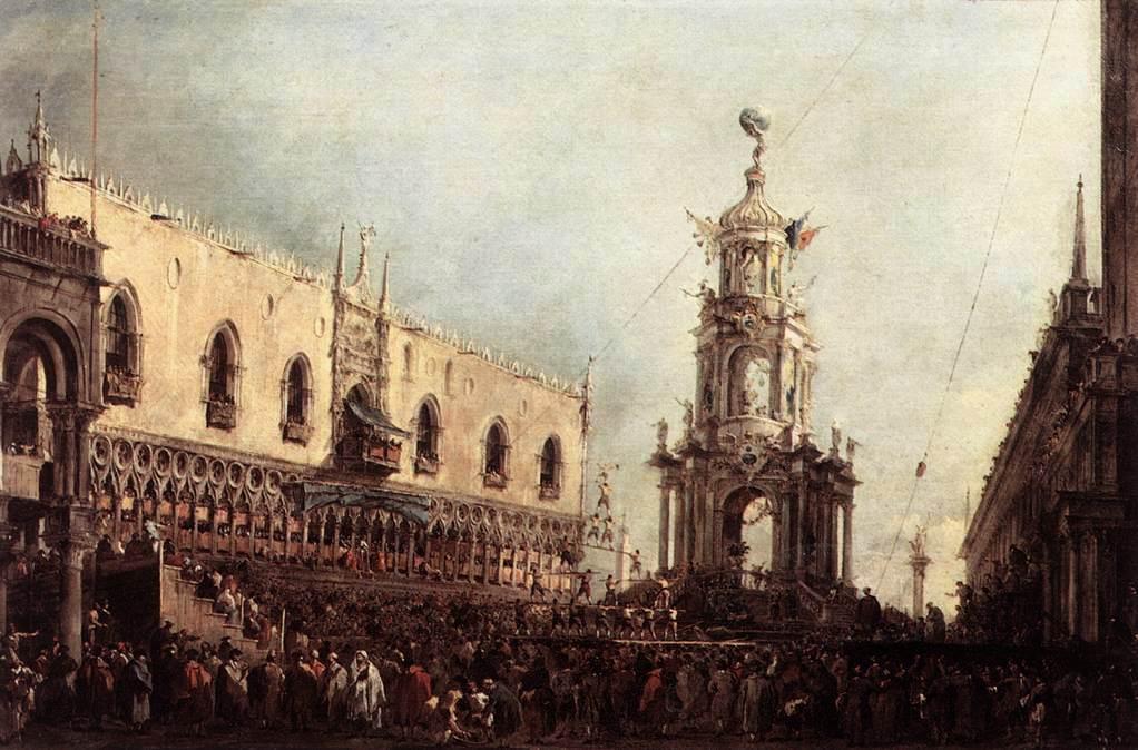 Wikioo.org - The Encyclopedia of Fine Arts - Painting, Artwork by Francesco Lazzaro Guardi - Carnival Thursday on the Piazzetta