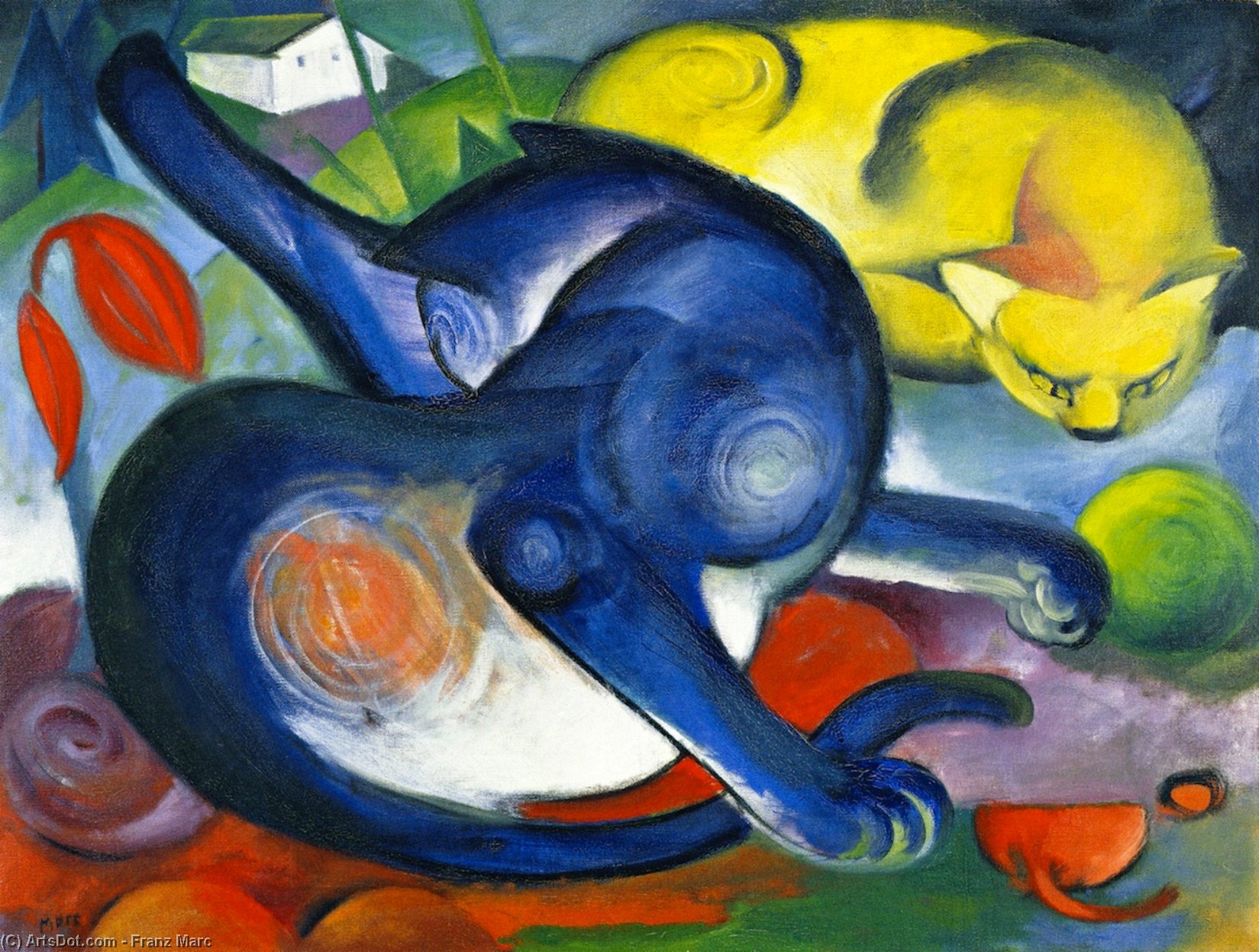 Wikioo.org - The Encyclopedia of Fine Arts - Painting, Artwork by Franz Marc - Two Cats, Blue and Yellow