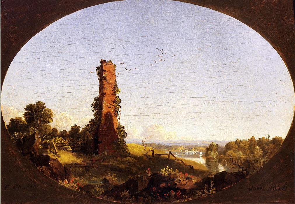Wikoo.org - موسوعة الفنون الجميلة - اللوحة، العمل الفني Frederic Edwin Church - New England Landscape with Ruined Chimney