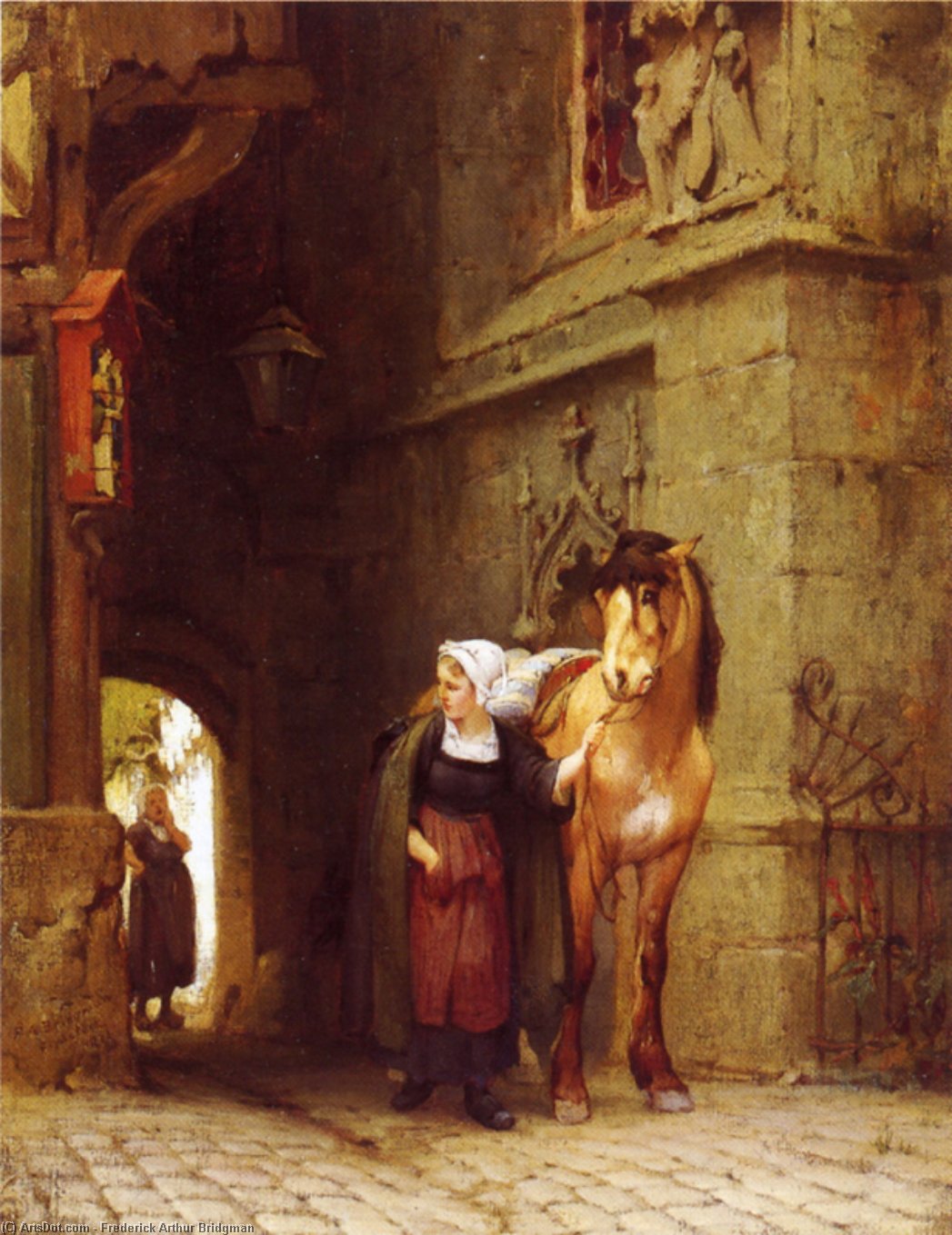 Wikioo.org - The Encyclopedia of Fine Arts - Painting, Artwork by Frederick Arthur Bridgman - Leading the Horse from Stable