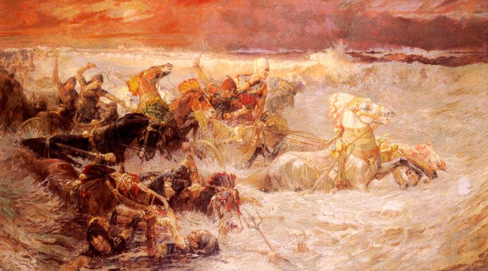 Wikioo.org - The Encyclopedia of Fine Arts - Painting, Artwork by Frederick Arthur Bridgman - Pharaoh's Army Engulfed By The Red Sea