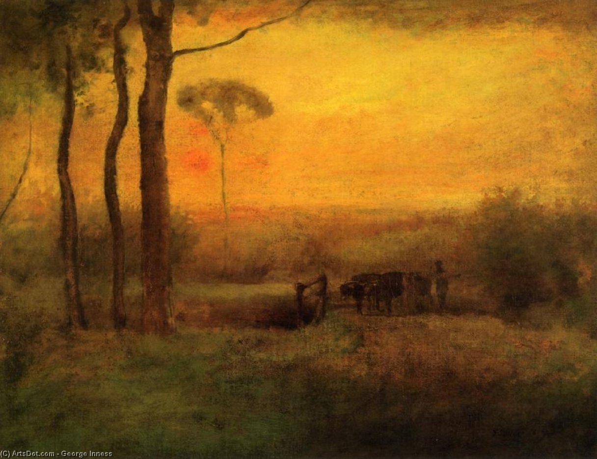 Wikoo.org - موسوعة الفنون الجميلة - اللوحة، العمل الفني George Inness - Pastoral Landscape at Sunset