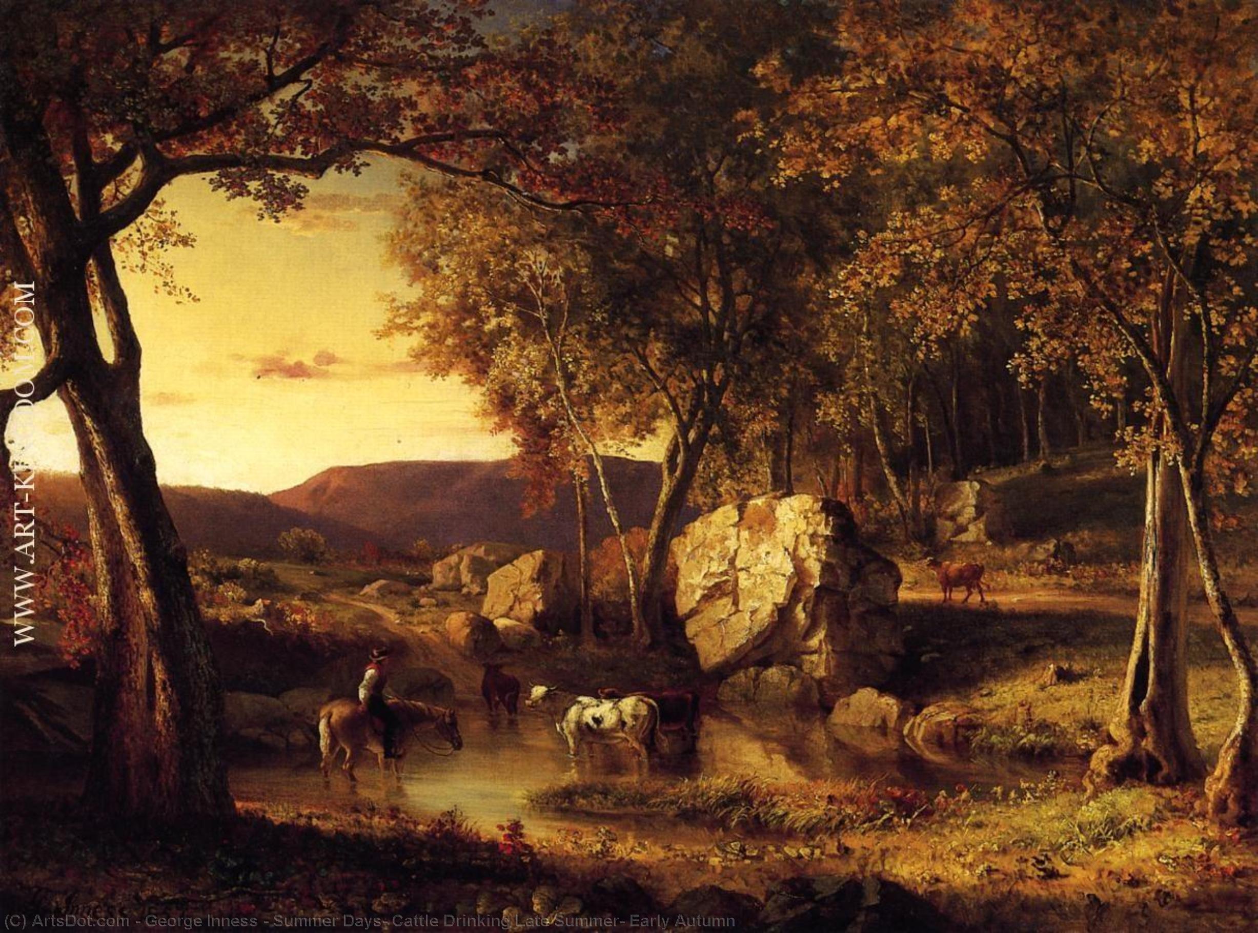 Wikioo.org - The Encyclopedia of Fine Arts - Painting, Artwork by George Inness - Summer Days, Cattle Drinking Late Summer, Early Autumn
