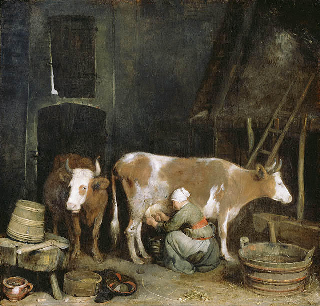 Wikioo.org – L'Enciclopedia delle Belle Arti - Pittura, Opere di Gerard Ter Borch - Una cameriera che munge una mucca in un fienile