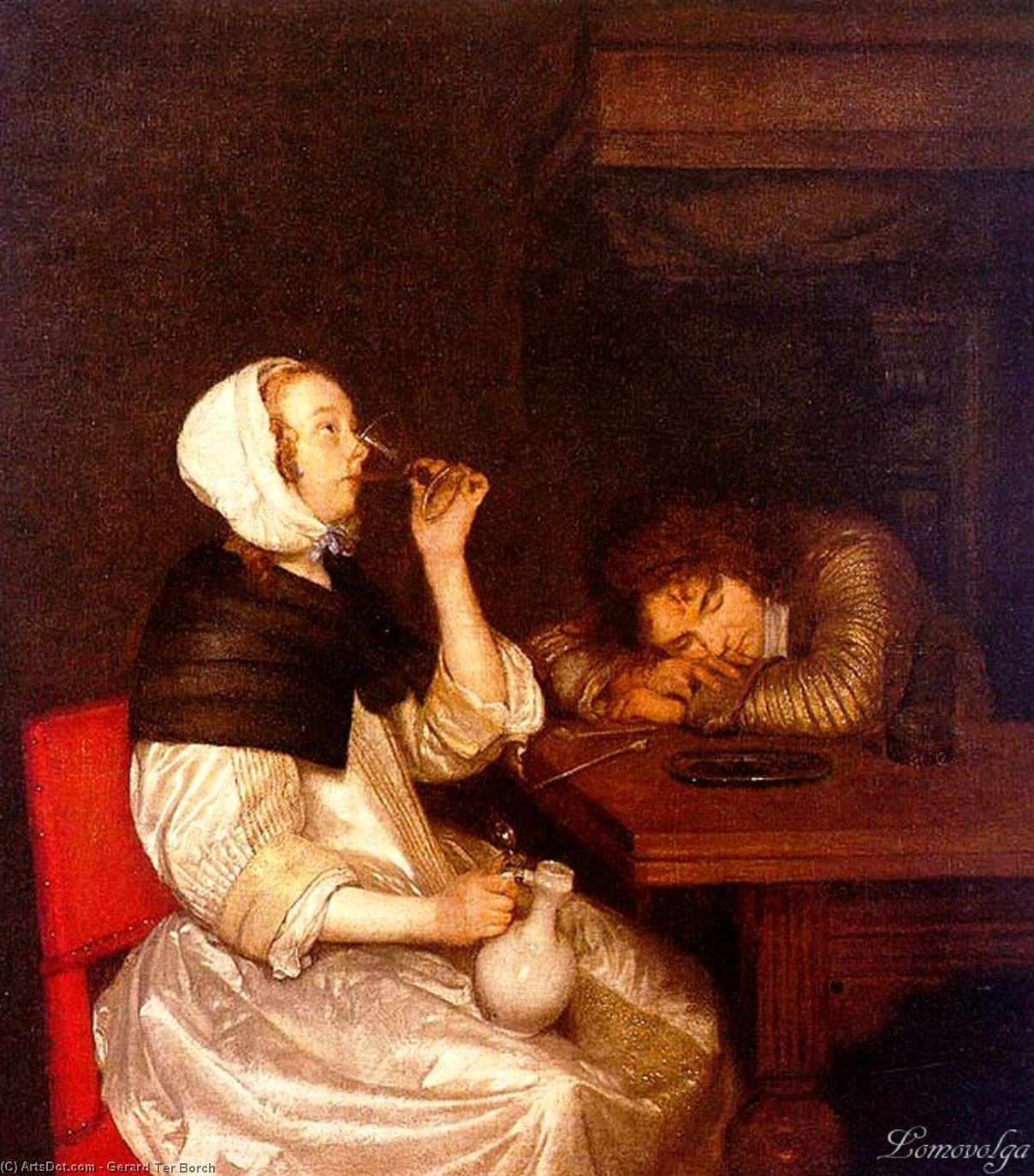Wikioo.org - The Encyclopedia of Fine Arts - Painting, Artwork by Gerard Ter Borch - Woman Drinking with a Sleeping Soldier