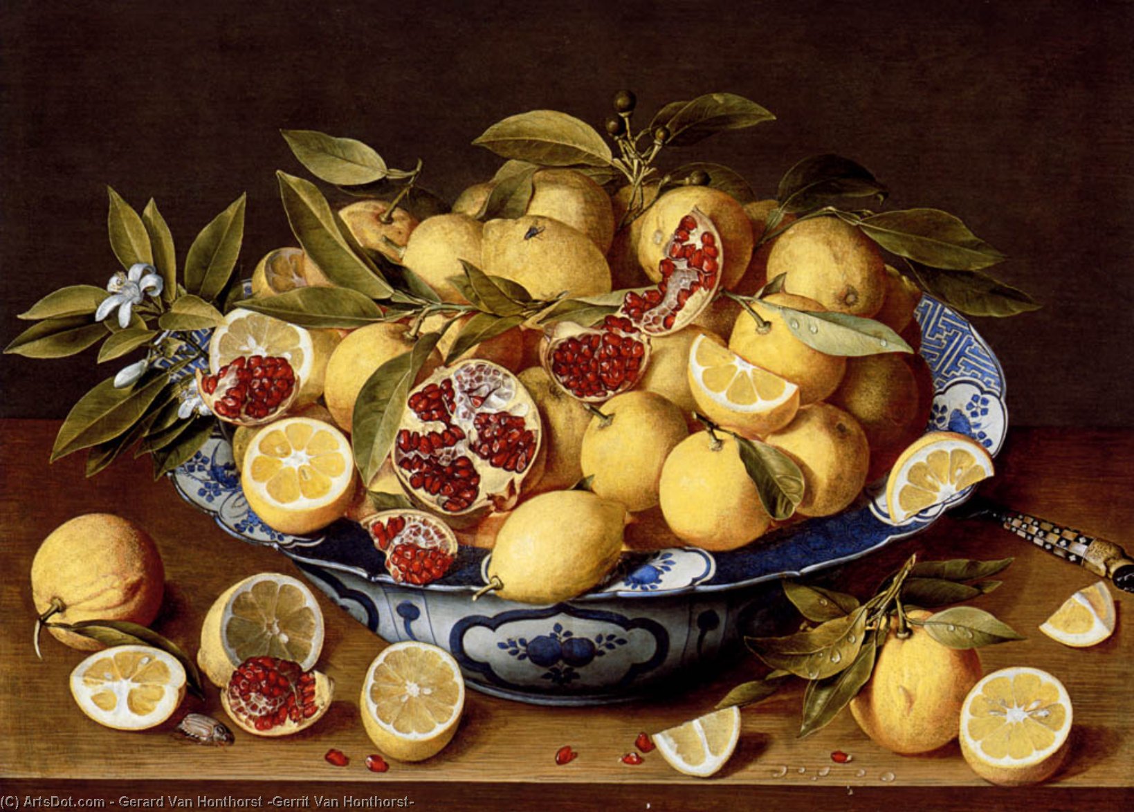 Wikioo.org - The Encyclopedia of Fine Arts - Painting, Artwork by Gerard Van Honthorst (Gerrit Van Honthorst) - A Still Life Of A Wanli Kraak Porcelain Bowl Of Citrus Fruit And Pomegranates On A Wooden Table