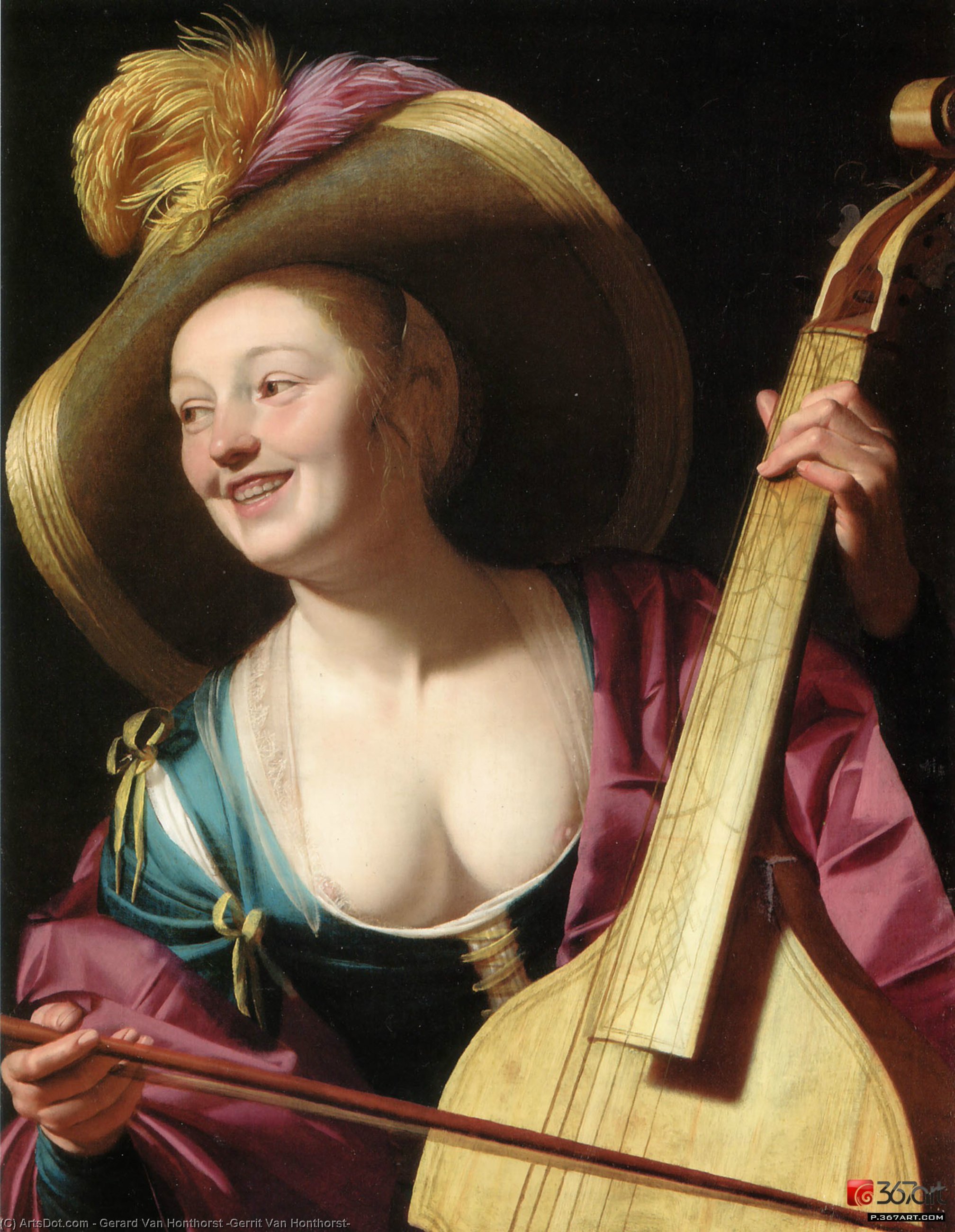 WikiOO.org – 美術百科全書 - 繪畫，作品 Gerard Van Honthorst (Gerrit Van Honthorst) - 一位年轻女子打一个古大提琴