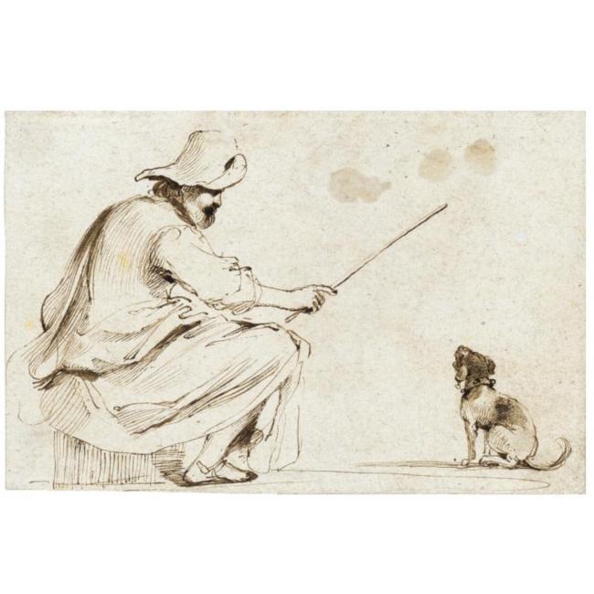 Wikioo.org - The Encyclopedia of Fine Arts - Painting, Artwork by Guercino (Barbieri, Giovanni Francesco) - A seated man training a dog