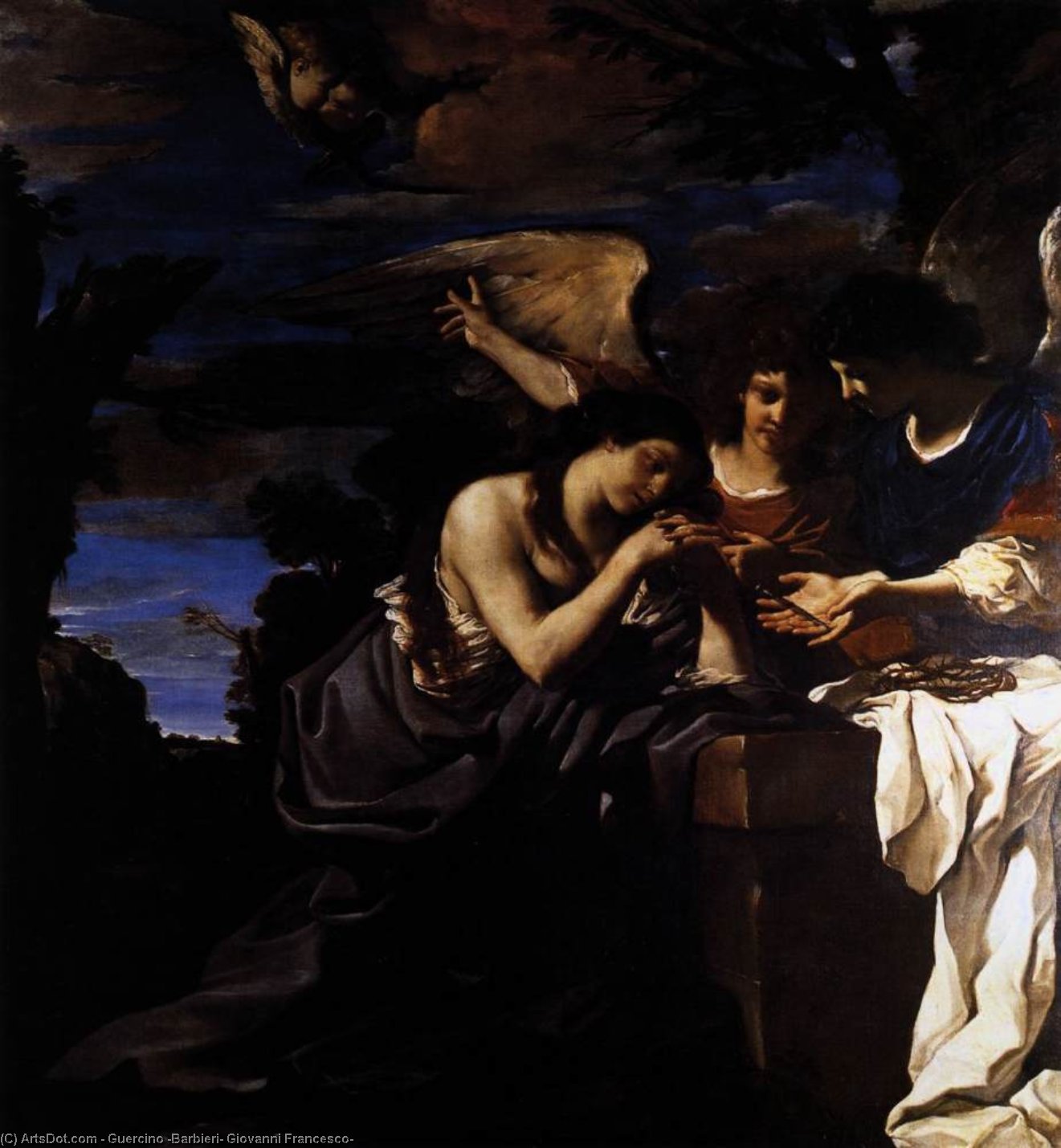 Wikioo.org – La Enciclopedia de las Bellas Artes - Pintura, Obras de arte de Guercino (Barbieri, Giovanni Francesco) - Magdalena asícomo  dos  Los ángeles
