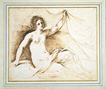 Wikioo.org - The Encyclopedia of Fine Arts - Painting, Artwork by Guercino (Barbieri, Giovanni Francesco) - Nude holding a curtain