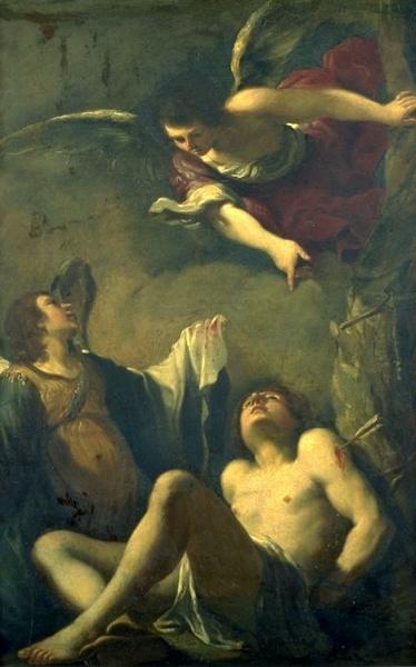 Wikioo.org - Bách khoa toàn thư về mỹ thuật - Vẽ tranh, Tác phẩm nghệ thuật Guercino (Barbieri, Giovanni Francesco) - San Sebastiano con due angeli