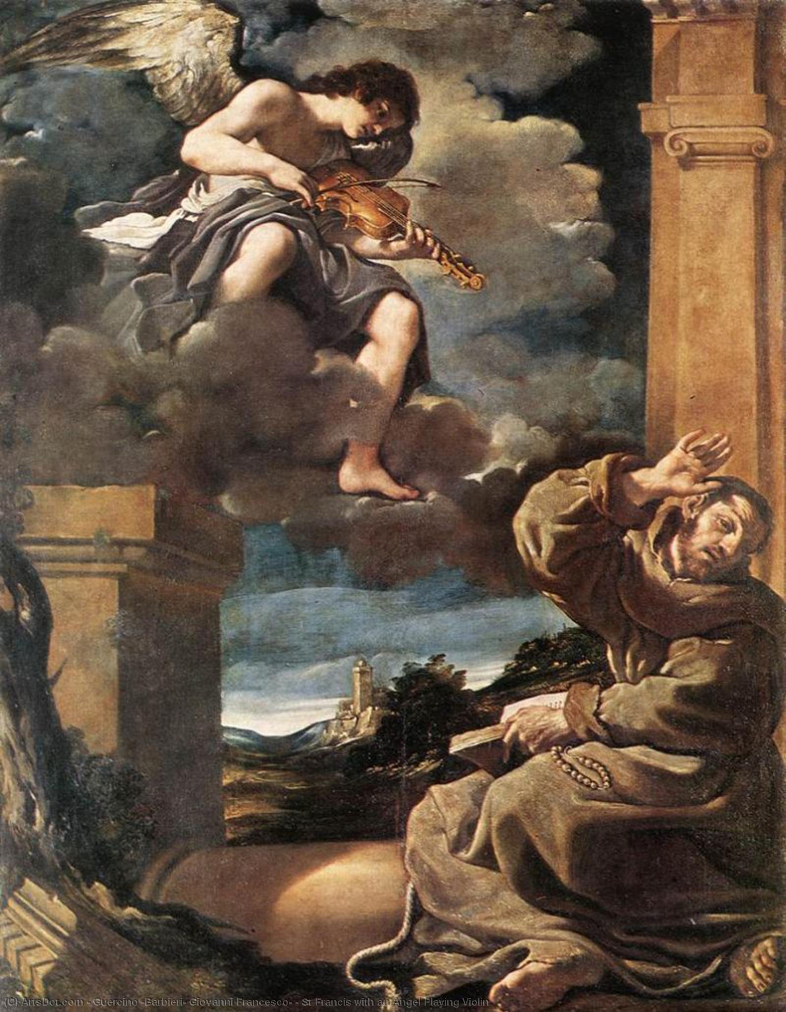 Wikioo.org - The Encyclopedia of Fine Arts - Painting, Artwork by Guercino (Barbieri, Giovanni Francesco) - St Francis with an Angel Playing Violin