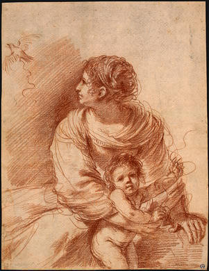 Wikioo.org - The Encyclopedia of Fine Arts - Painting, Artwork by Guercino (Barbieri, Giovanni Francesco) - The Madonna and Child with an Escaped Goldfinch