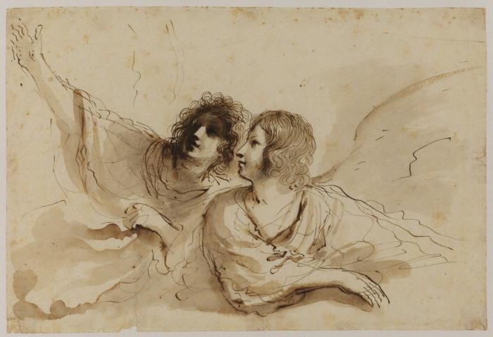 Wikioo.org – La Enciclopedia de las Bellas Artes - Pintura, Obras de arte de Guercino (Barbieri, Giovanni Francesco) - Dos ángeles, mirando hacia arriba a la izquierda, apoyado en una nube