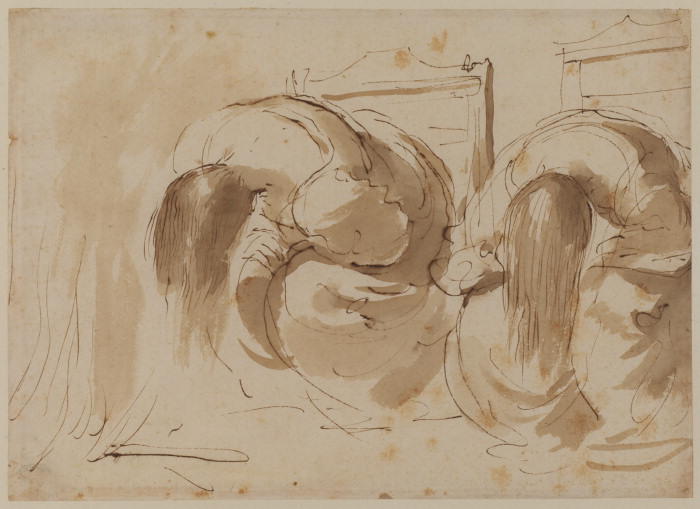 Wikioo.org - The Encyclopedia of Fine Arts - Painting, Artwork by Guercino (Barbieri, Giovanni Francesco) - Two seated women drying their hair in front of a fire