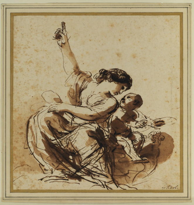Wikioo.org - The Encyclopedia of Fine Arts - Painting, Artwork by Guercino (Barbieri, Giovanni Francesco) - Young mother, seated and pointing, with child