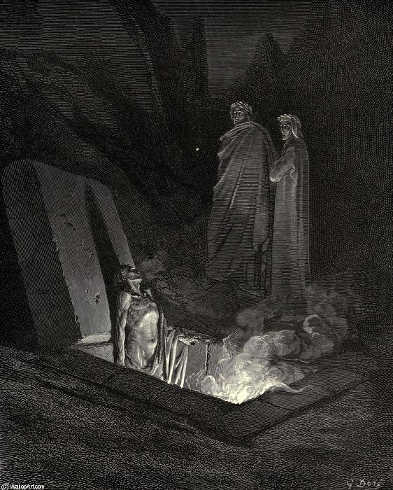 Wikioo.org - The Encyclopedia of Fine Arts - Painting, Artwork by Paul Gustave Doré - The Inferno, Canto 10, lines 40-42. He, soon as there I stood at the tomb’s foot, Ey’d me a space, then in disdainful mood Address’d me. “Say, what ancestors were thine”