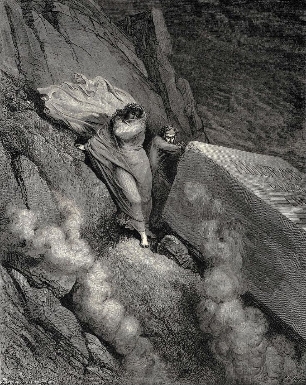 WikiOO.org - Enciclopedia of Fine Arts - Pictura, lucrări de artă Paul Gustave Doré - The Inferno, Canto 11, lines 6-7. From the profound abyss, behind the lid Of a great monument we stood retir’d