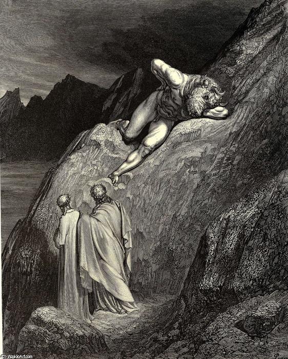 Wikioo.org - The Encyclopedia of Fine Arts - Painting, Artwork by Paul Gustave Doré - The Inferno, Canto 12, lines 11-14. and there At point of the disparted ridge lay stretch’d The infamy of Crete, detested brood Of the feign’d heifer
