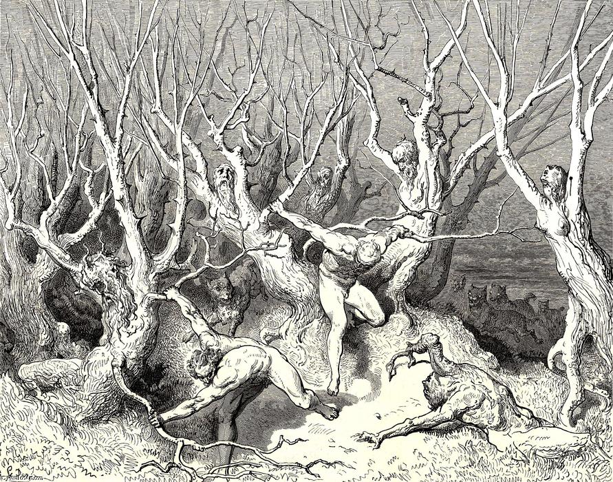 WikiOO.org - Encyclopedia of Fine Arts - Lukisan, Artwork Paul Gustave Doré - The Inferno, Canto 13, line 120. “Haste now,” the foremost cried, “now haste thee death!”