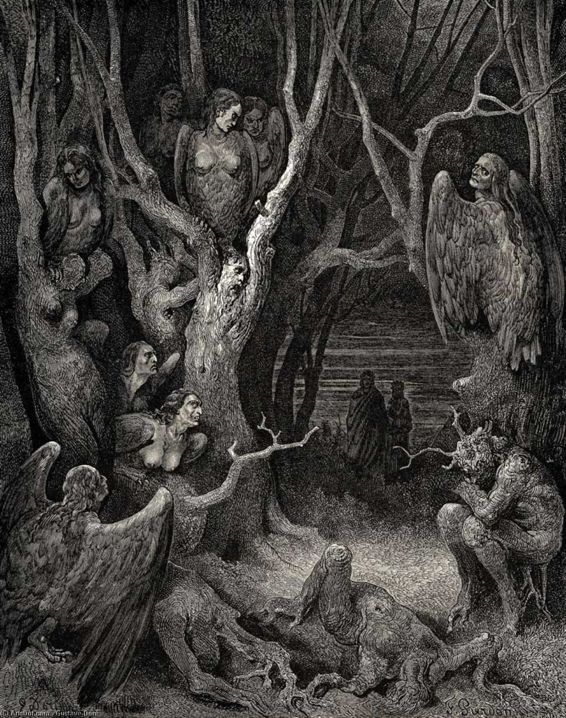 Wikioo.org – L'Enciclopedia delle Belle Arti - Pittura, Opere di Paul Gustave Doré - l inferno , Canto 13 , linee 11 . ecco le arpie bruta fanno il loro nido