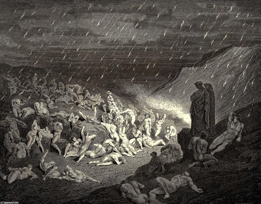 WikiOO.org - Enciclopedia of Fine Arts - Pictura, lucrări de artă Paul Gustave Doré - The Inferno, Canto 14, line 37-39. Unceasing was the play of wretched hands, Now this, now that way glancing, to shake off The heat, still falling fresh.