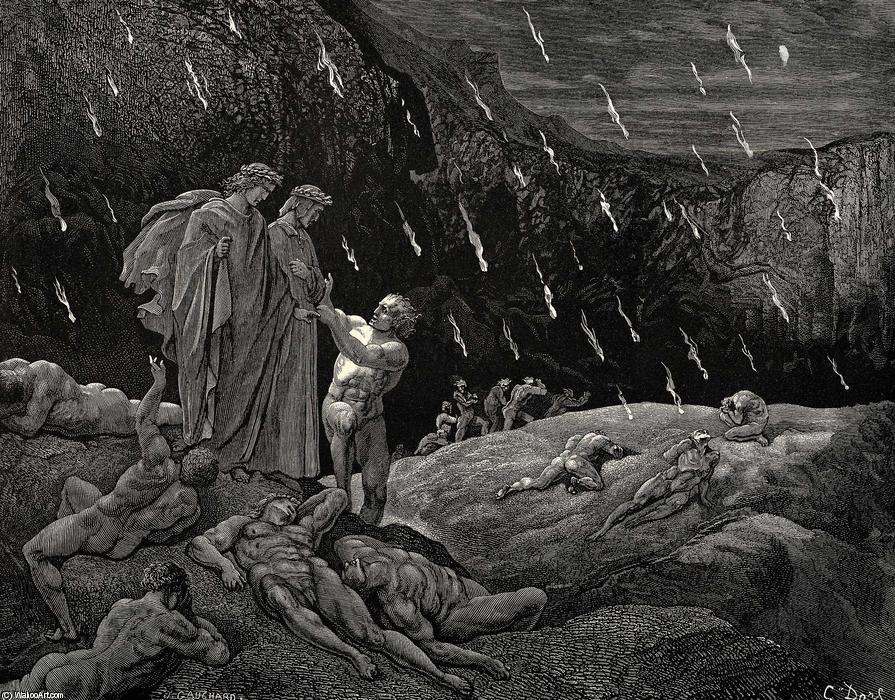 Wikioo.org - The Encyclopedia of Fine Arts - Painting, Artwork by Paul Gustave Doré - The Inferno, Canto 15, lines 28-29. “Sir! Brunetto! And art thou here”