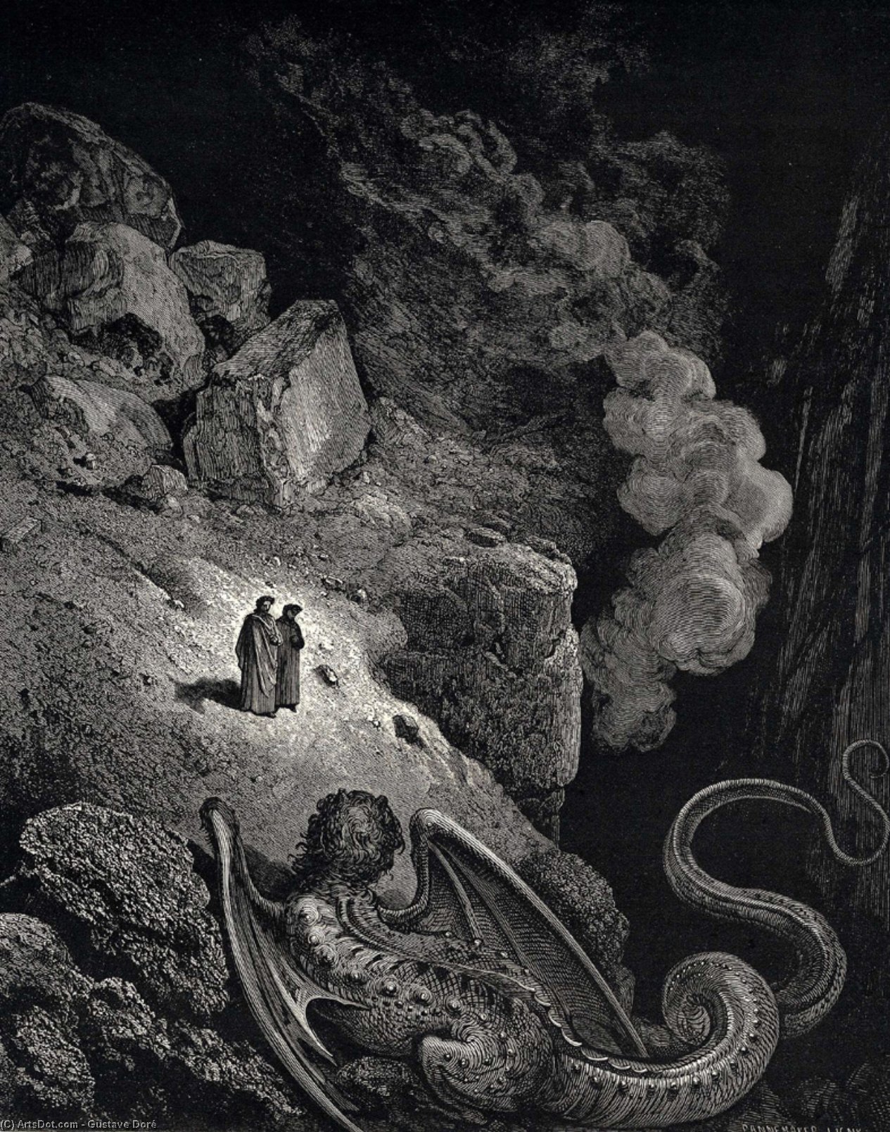 WikiOO.org - Güzel Sanatlar Ansiklopedisi - Resim, Resimler Paul Gustave Doré - The Inferno, Canto 17, line 7. Forthwith that image vile of fraud appear’d