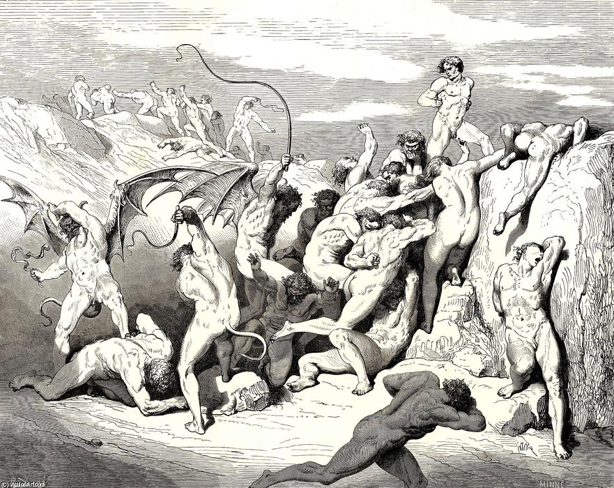 Wikioo.org - The Encyclopedia of Fine Arts - Painting, Artwork by Paul Gustave Doré - The Inferno, Canto 18, line 38. Ah! how they made them bound at the first stripe!