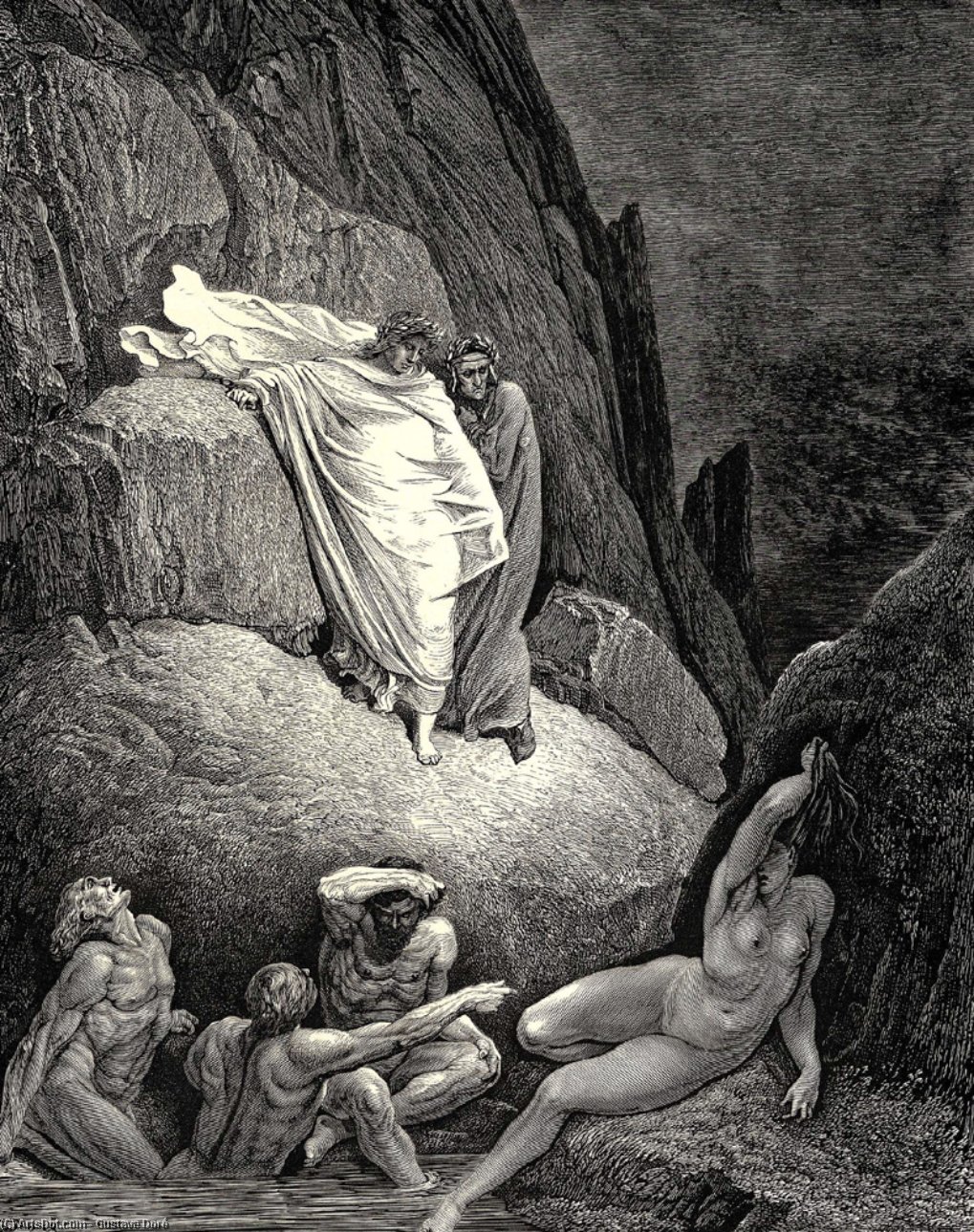 Wikioo.org - The Encyclopedia of Fine Arts - Painting, Artwork by Paul Gustave Doré - The Inferno, Canto 18, lines 130-132. Thais is this, the harlot, whose false lip Answer’d her doting paramour that ask’d, ‘Thankest me much!’