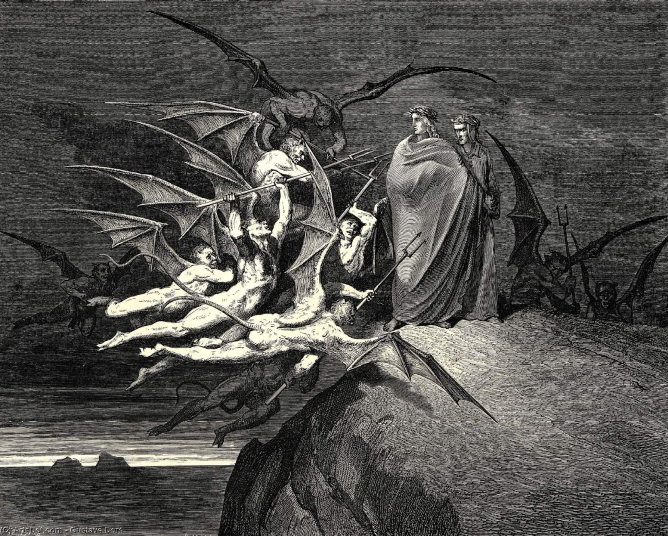 WikiOO.org - Encyclopedia of Fine Arts - Maľba, Artwork Paul Gustave Doré - The Inferno, Canto 21, line 70. “Be none of you outrageous.”