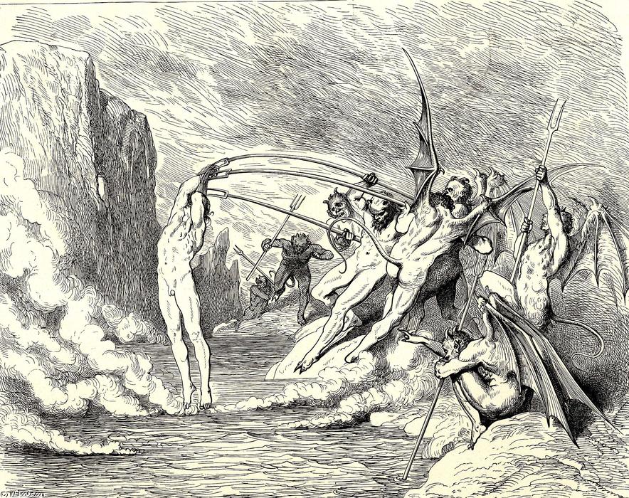 Wikioo.org - The Encyclopedia of Fine Arts - Painting, Artwork by Paul Gustave Doré - The Inferno, Canto 21, lines 50-51. This said, They grappled him with more than hundred hooks