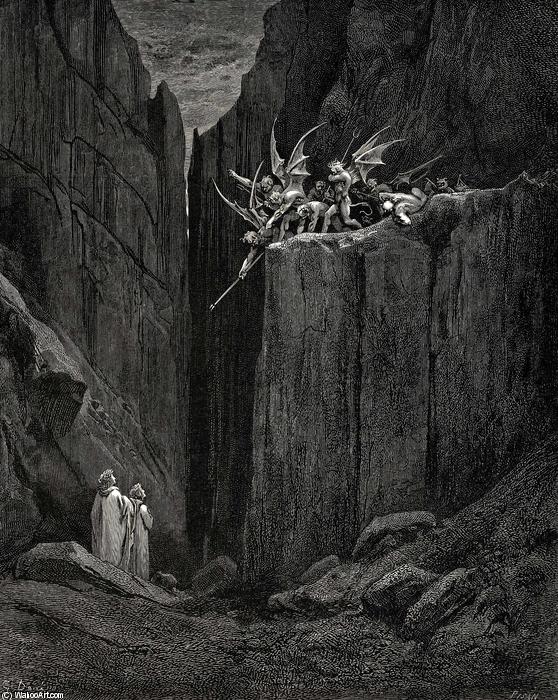 Wikioo.org - The Encyclopedia of Fine Arts - Painting, Artwork by Paul Gustave Doré - The Inferno, Canto 23, lines 52-54. Scarcely had his feet Reach’d to the lowest of the bed beneath, When over us the steep they reach’d
