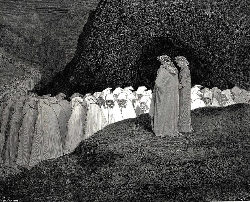Wikioo.org - The Encyclopedia of Fine Arts - Painting, Artwork by Paul Gustave Doré - The Inferno, Canto 23, lines 92-94. “Tuscan, who visitest The college of the mourning hypocrites, Disdain not to instruct us who thou art.”