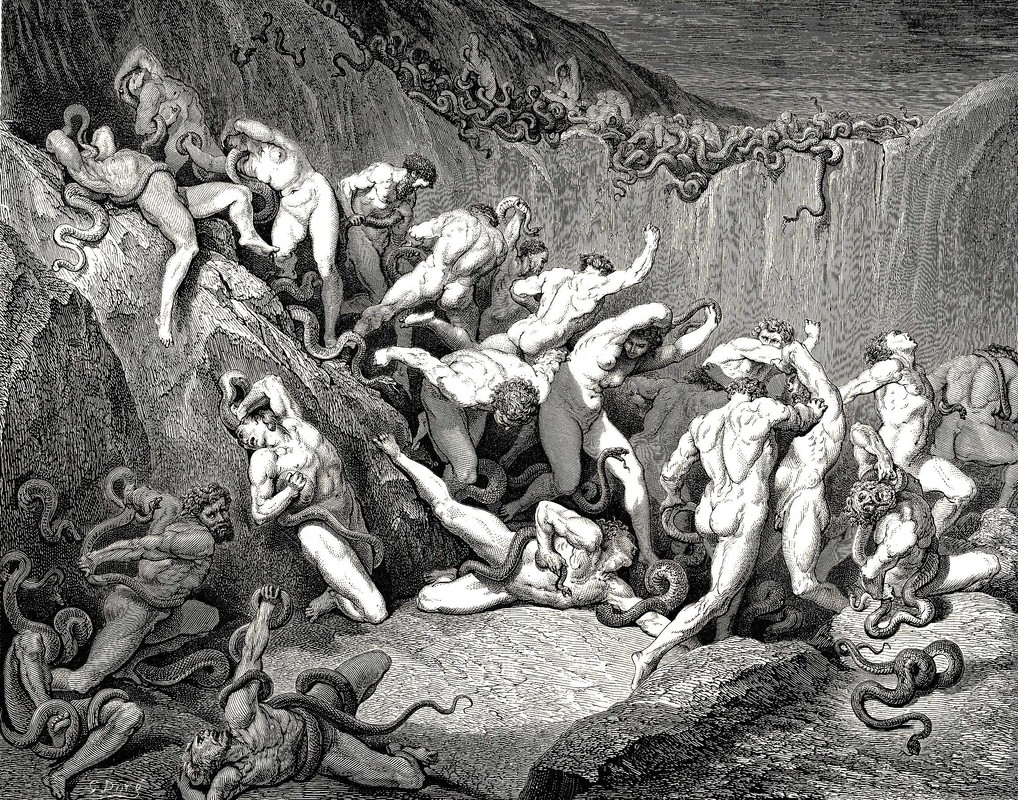 Wikioo.org - The Encyclopedia of Fine Arts - Painting, Artwork by Paul Gustave Doré - The Inferno, Canto 24, lines 89-92. Amid this dread exuberance of woe Ran naked spirits wing’d with horrid fear, Nor hope had they of crevice where to hide, Or heliotrope to charm them out of view.