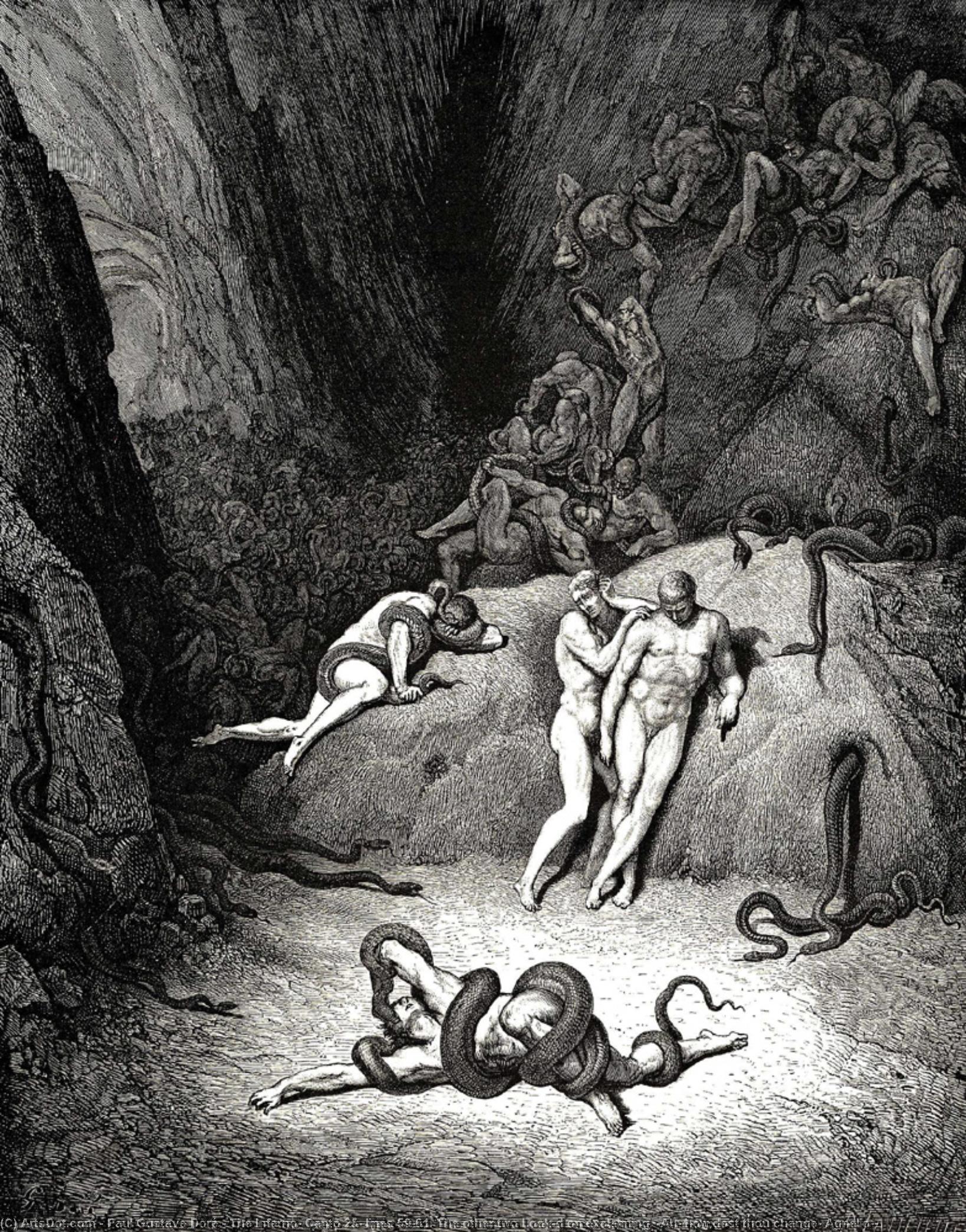 Wikioo.org - The Encyclopedia of Fine Arts - Painting, Artwork by Paul Gustave Doré - The Inferno, Canto 25, lines 59-61. The other two Look’d on exclaiming. “Ah, how dost thou change, Agnello!”