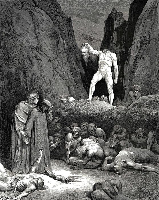 Wikioo.org - The Encyclopedia of Fine Arts - Painting, Artwork by Paul Gustave Doré - The Inferno, Canto 28, lines 116-119. By the hair It bore the sever’d member, lantern-wise Pendent in hand, which look’d at us and said, “Woe’s me!”