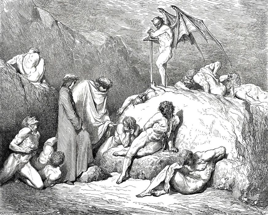 WikiOO.org - Enciclopedia of Fine Arts - Pictura, lucrări de artă Paul Gustave Doré - The Inferno, Canto 28, lines 69-72. call thou to mind Piero of Medicina, if again Returning, thou behold’st the pleasant land That from Vercelli slopes to Mercabo;