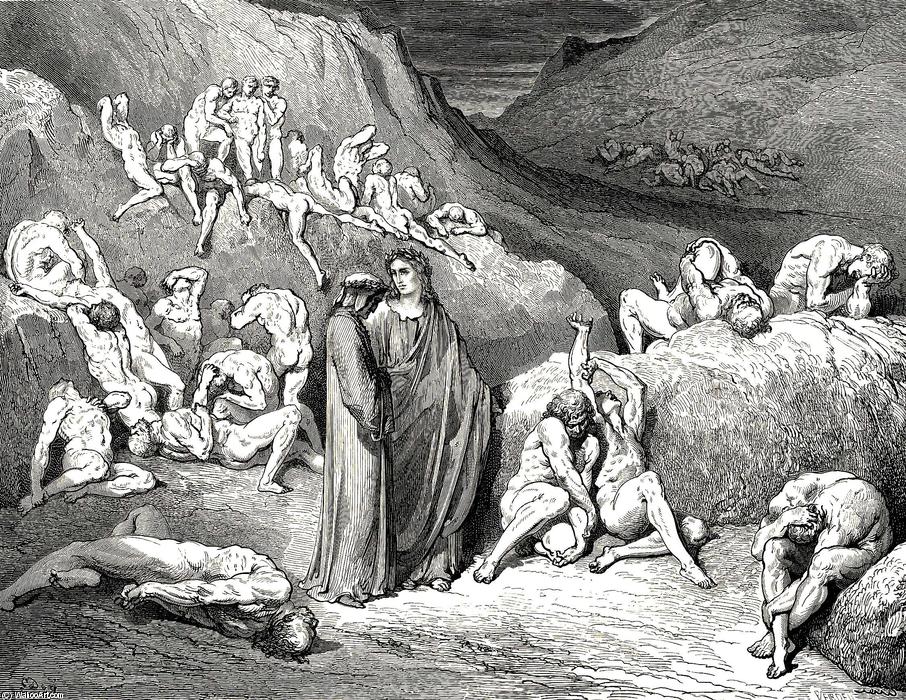 Wikioo.org - Bách khoa toàn thư về mỹ thuật - Vẽ tranh, Tác phẩm nghệ thuật Paul Gustave Doré - The Inferno, Canto 29, lines 79-81. The crust Came drawn from underneath in flakes, like scales Scrap’d from the bream or fish of broader mail.