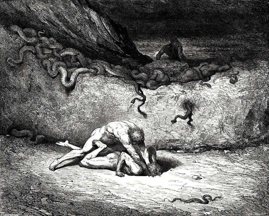 WikiOO.org - Enciclopedia of Fine Arts - Pictura, lucrări de artă Paul Gustave Doré - The Inferno, Canto 30, lines 33-34. “That sprite of air is Schicchi; in like mood Of random mischief vent he still his spite.”