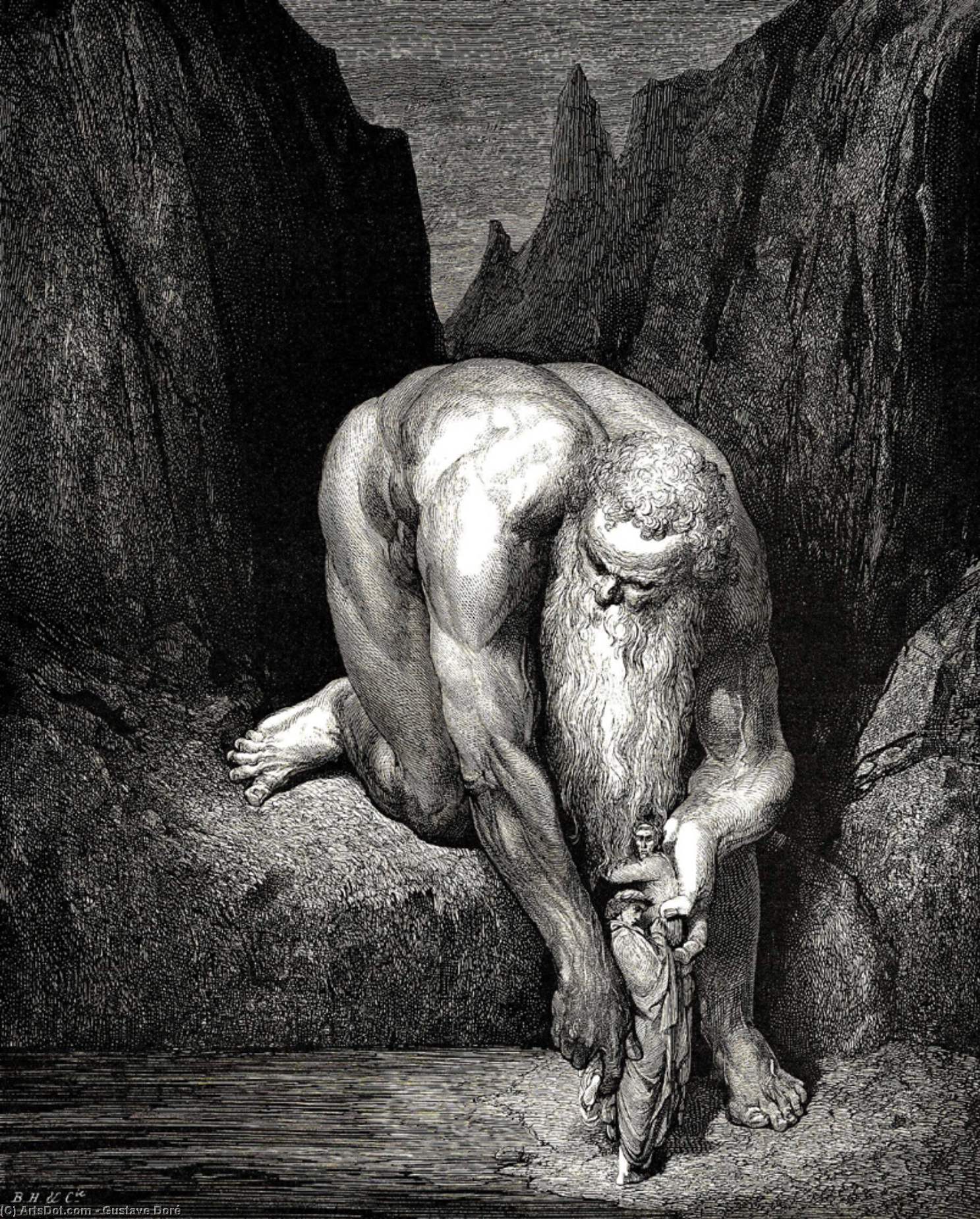 WikiOO.org - Güzel Sanatlar Ansiklopedisi - Resim, Resimler Paul Gustave Doré - The Inferno, Canto 31, lines 133-135. Yet in th’ abyss, That Lucifer with Judas low ingulfs, Lightly he plac’d us;
