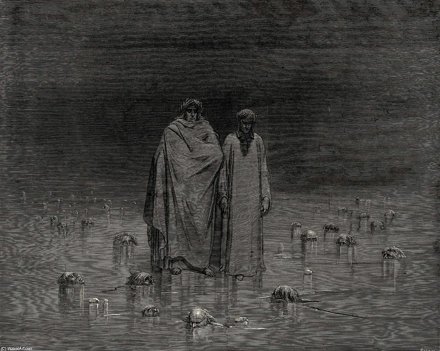 Wikioo.org - The Encyclopedia of Fine Arts - Painting, Artwork by Paul Gustave Doré - The Inferno, Canto 32, lines 20-22. “Look how thou walkest. Take Good heed, thy soles do tread not on the heads Of thy poor brethren.”