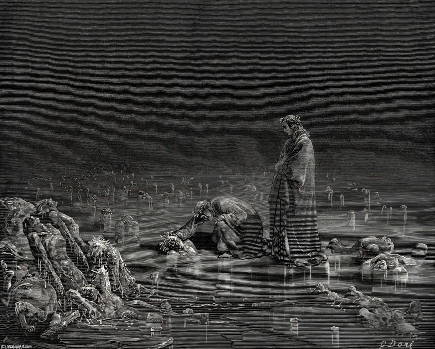 WikiOO.org - Enciclopedia of Fine Arts - Pictura, lucrări de artă Paul Gustave Doré - The Inferno, Canto 32, lines 97-98. Then seizing on his hinder scalp, I cried. “Name thee, or not a hair shall tarry here.”