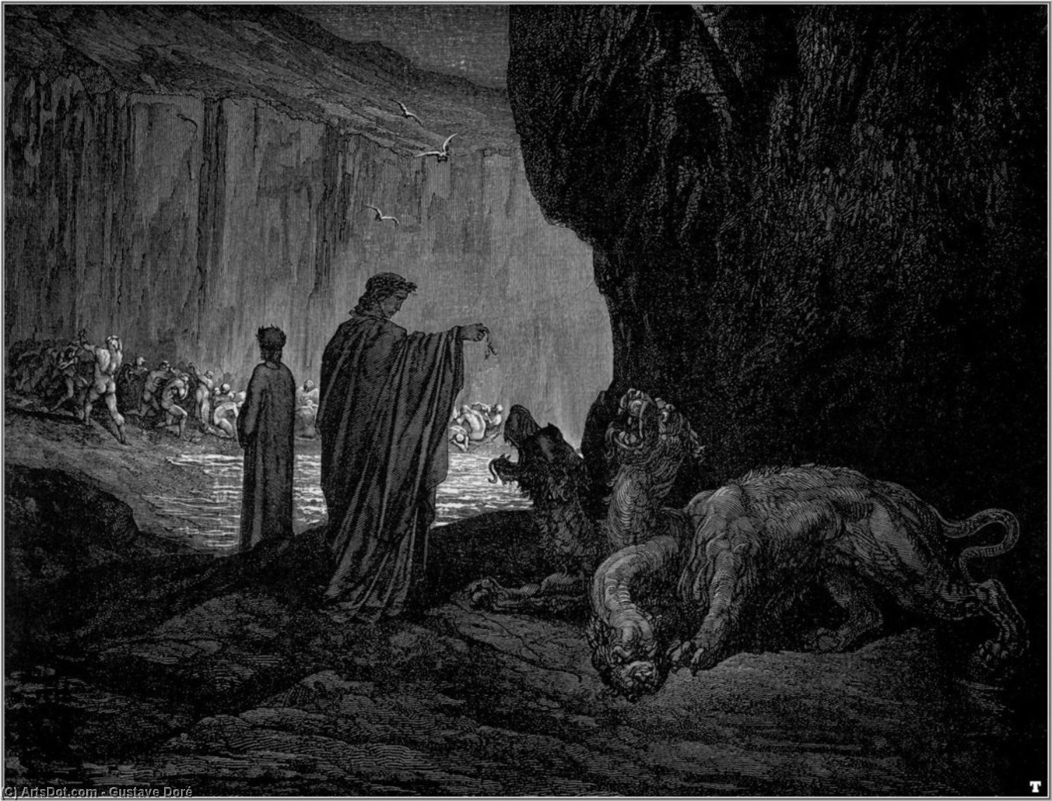 Wikioo.org - The Encyclopedia of Fine Arts - Painting, Artwork by Paul Gustave Doré - The Inferno, Canto 6, lines 24-26. Then my guide, his palms Expanding on the ground, thence filled with earth Rais’d them, and cast it in his ravenous maw.