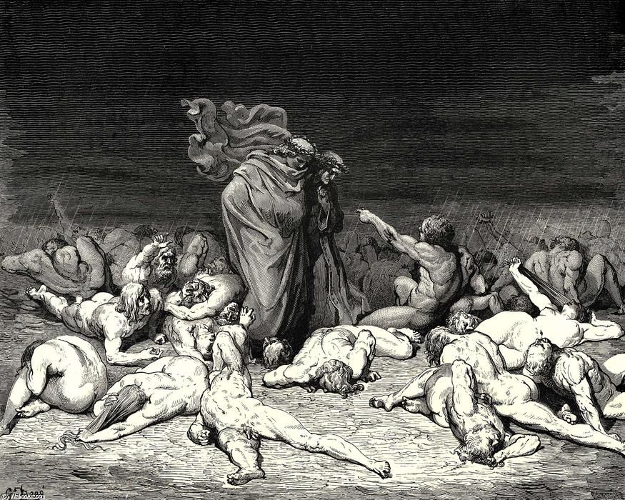 Wikioo.org - The Encyclopedia of Fine Arts - Painting, Artwork by Paul Gustave Doré - The Inferno, Canto 6, lines 49-52. 'Thy city heap’d with envy to the brim, Ay that the measure overflows its bounds, Held me in brighter days. Ye citizens Were wont to name me Ciacco.'