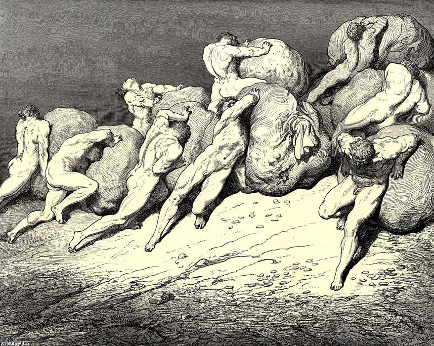 Wikioo.org - The Encyclopedia of Fine Arts - Painting, Artwork by Paul Gustave Doré - The Inferno, Canto 7, lines 65-67. 'Not all the gold, that is beneath the moon, Or ever hath been, of these toil-worn souls Might purchase rest for one.'